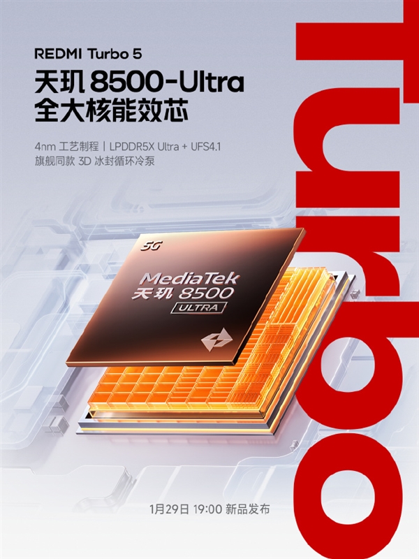 REDMI Turbo 5官宣首批搭载天玑8500-Ultra 2K档罕见全大核架构